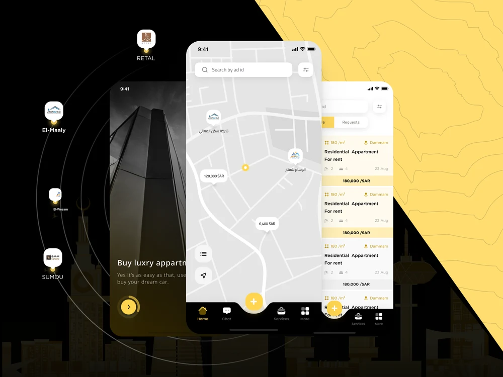 Three screens from Aqarcom, a Saudi property marketplace: an onboarding screen over a tower at night, a map of listings with prices and developer pins, and a filterable list of apartments for sale and rent.