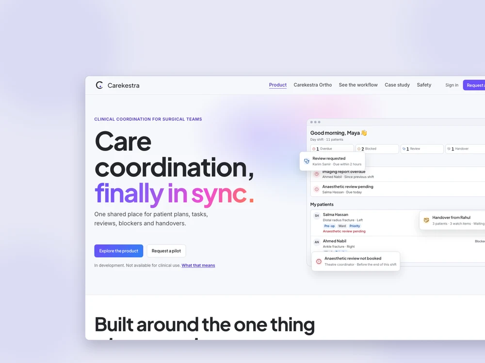 The Carekestra site on desktop: a hero reading “Care coordination, finally in sync”, beside a shift dashboard counting overdue, blocked, review and handover items above a patient list showing anaesthetic reviews and a pending handover.