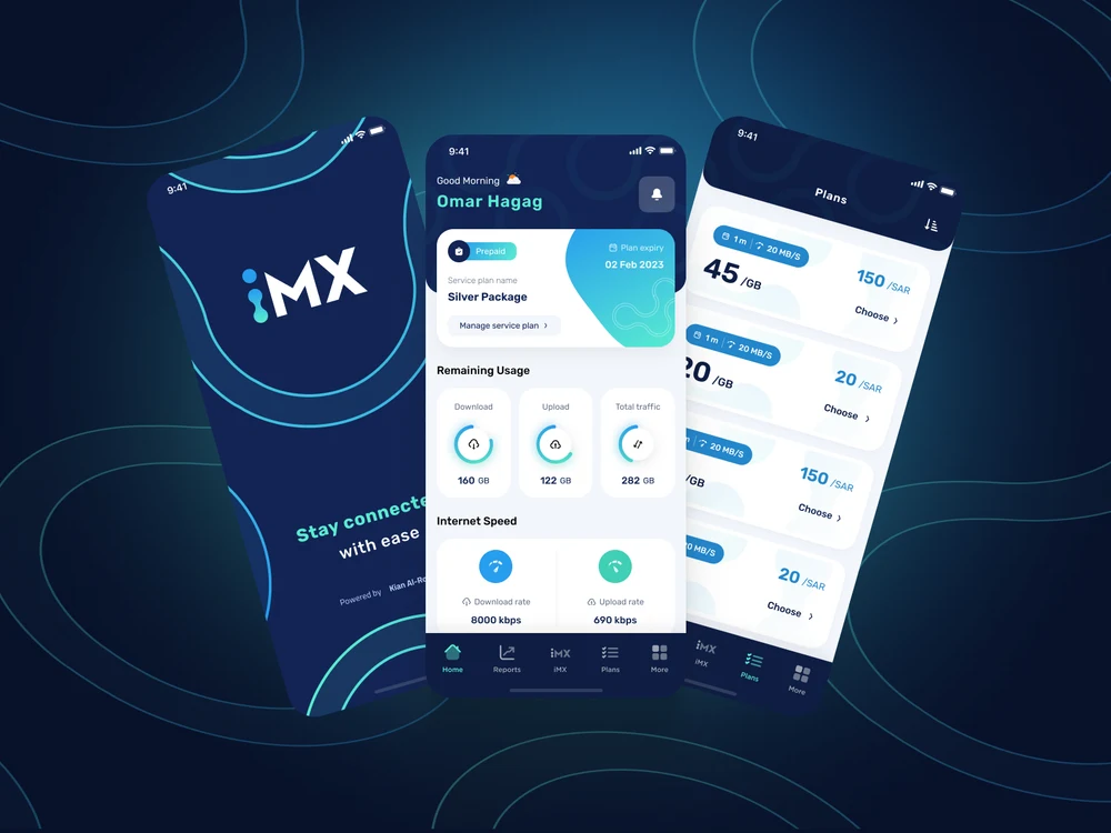 Three screens from iMX, an internet provider app: the brand splash, a dashboard showing remaining download, upload and total traffic alongside live speed readings, and a list of data plans priced per gigabyte.