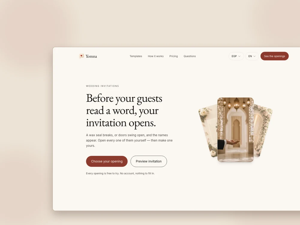 The Yomna site on desktop: an editorial hero reading “Before your guests read a word, your invitation opens”, with a fanned stack of invitation previews beside it and buttons to choose an opening or preview one.