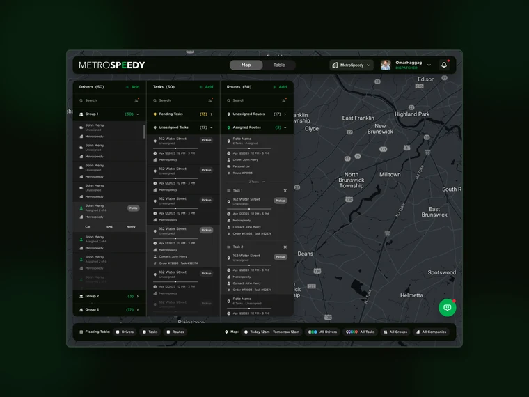 The dispatcher console: three scrolling columns — fifty drivers, fifty tasks, fifty routes — beside a live map of the delivery area. Tasks are grouped into pending and unassigned; routes expand to show the driver, the vehicle and each stop; a driver row offers call, SMS and notify without leaving the queue.