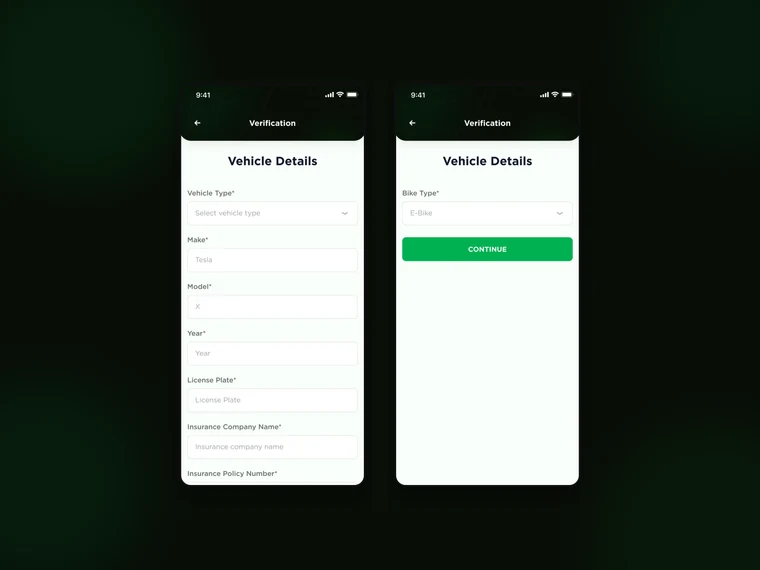The same verification step on two phones, side by side. On the left, a car: vehicle type, make, model, year, licence plate and insurance fields continue past the bottom of the screen. On the right, an e-bike: one field asking what kind of bike, and the continue button directly beneath it.